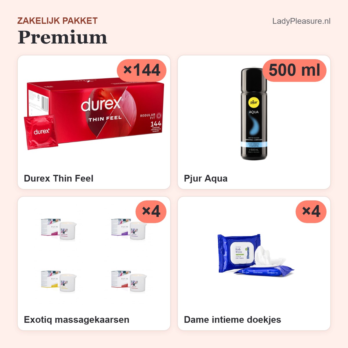 Zakelijk pakket Premium – Durex 144 + Pjur Aqua + massagekaarsen